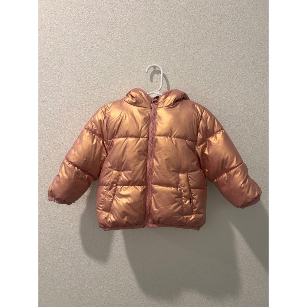 Swiss Tech Baby Girls Metallic Rose Gold Hooded Puffer Jacket Sherpa Lined 12M
